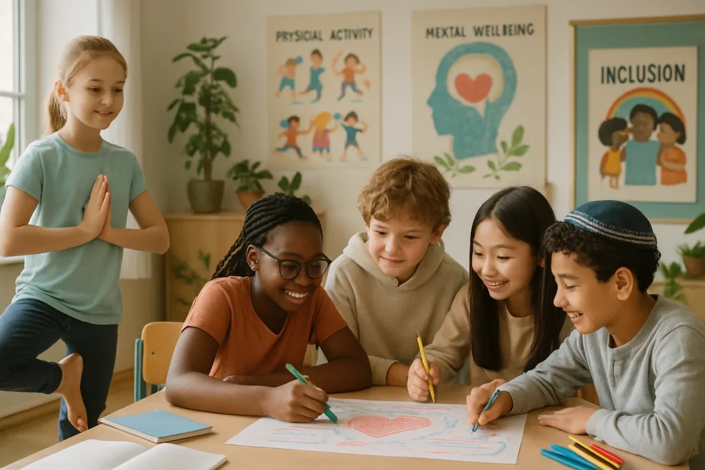 In this vibrant, photorealistic scene, a diverse group of students collaborates energetically in a sunlit classroom filled with greenery. Each student, representing various cultural backgrounds, engages in a dynamic project that fosters teamwork and creativity. Educational materials promoting inclusion and empathy are scattered around, embodying the essence of the Finnish educational philosophy. The atmosphere radiates warmth and positivity, highlighting the wonderful synergy that arises when different perspectives come together in the pursuit of knowledge.