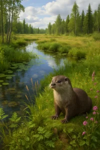 This photorealistic portrayal of the Viiankiaava Natura 2000 area encapsulates the tranquil beauty of a thriving ecosystem. Lush vegetation and crystal-clear water bodies create a serene backdrop where otters frolic, symbolizing the delicate balance of life in this protected habitat. The image serves as a poignant reminder of the urgent need for conservation, highlighting the vulnerabilities of endangered species against industrial encroachments. A captivating view of biodiversity thriving amidst the challenges of modern development.