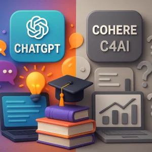 This 3D illustration presents a vivid split-screen comparison of two AI models. On the left, ChatGPT shines with symbols of educational excellence—colorful books and graduation caps exuding vibrancy and positivity. On the right, Cohere's C4AI engages viewers with a more muted palette, presenting challenges through question marks and fluctuating bar graphs. The common theme of e-learning is emphasized with laptops and digital interfaces bridging the two sides, inviting contemplation on the dual nature of AI in education.