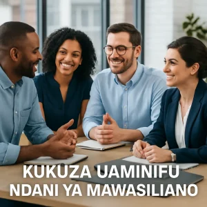 In a modern office setting, a diverse group of individuals engages in an open and respectful discussion. Their facial expressions reflect understanding and collaboration, symbolizing trust and effective communication. With notepads and laptops around them, the atmosphere exudes professionalism, visualizing the theme 'Kukuza Uaminifu ndani ya Mawasiliano'.