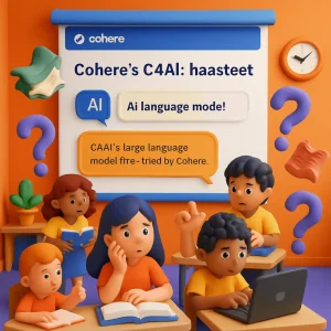 A mesmerizing 3D classroom scene where vibrant students interact with a dynamic AI language model interface projected on the screen. The room buzzes with curiosity and uncertainty as floating question marks and warped books symbolize the complex challenges of e-learning. The atmosphere radiates innovation yet highlights the struggle for depth and accuracy in understanding, embodying both the potential and pitfalls of technology in education.