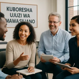 This image beautifully illustrates a diverse group of individuals actively participating in a communication skills workshop. Set in a modern, collaborative classroom, the participants engage in discussions, share ideas, and utilize tools like notebooks and digital devices. Their expressions convey enthusiasm and understanding, effectively embodying the theme of building relationships through improved communication skills. The atmosphere is one of professionalism and inclusivity, highlighting the positive impact of learning together.