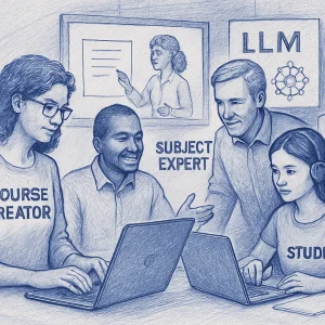 This vibrant ballpoint pen illustration captures a diverse group of educators and learners immersed in a digital learning environment. Each participant is clearly labeled with roles such as 'Course Creator' and 'Subject Expert,' showcasing a structured approach to modern education. The scene is rich with symbols of e-learning tools and large language models, embodying innovative teaching methodologies and collaborative guidance. The intricate details weave a narrative of clarity, cooperation, and the transformative power of technology in education.
