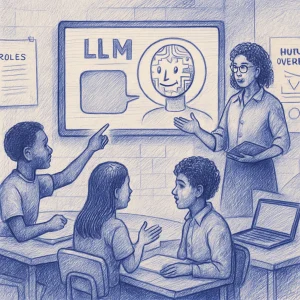 A captivating ballpoint pen illustration showcasing a dynamic classroom scene where a diverse group of students collaborates around a digital interface displaying a large language model. Visual metaphors highlight structured requests and clear roles, as students engage under the insightful guidance of a teacher. Surrounding them are scattered notes and diagrams, symbolizing a rich e-learning environment filled with effective learning practices.
