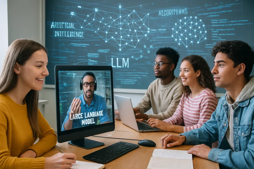 A vibrant and photorealistic scene showcasing a diverse group of students collaborating in a modern classroom, immersed in an interactive online learning session. Surrounding them are dynamic visual elements representing AI algorithms and flowing digital text, emphasizing the transformative role of advanced AI in education. The atmosphere is filled with innovation and teamwork, as large screens display intricate concepts of language models, illustrating the synergy between technology and learning.