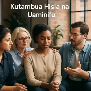 In this vibrant scene, a diverse group of colleagues gather in a modern office, their expressions reflecting a spectrum of emotions such as empathy, understanding, and concern. The warm atmosphere showcases the importance of emotional awareness and trust in effective communication, highlighting the power of collaboration and open dialogue in fostering a supportive work environment.