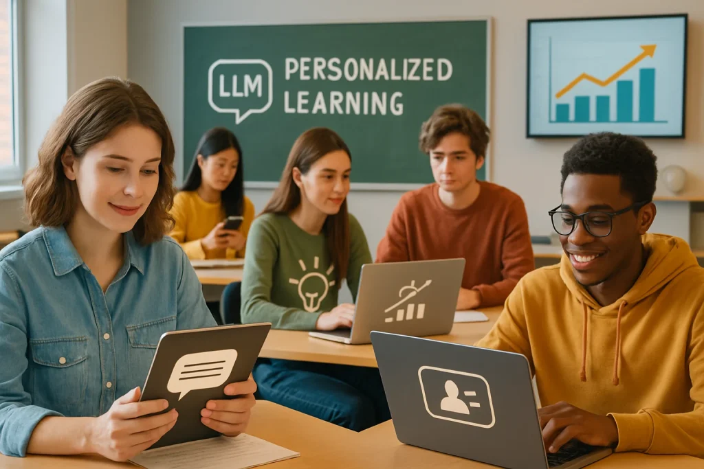 A vibrant modern classroom filled with a diverse group of students, each engaged with digital devices as they explore personalized learning experiences powered by large language models. The atmosphere buzzes with motivation, featuring visual elements like colorful charts and infographics that highlight enhanced learning outcomes, signifying the transformative role of technology in education.
