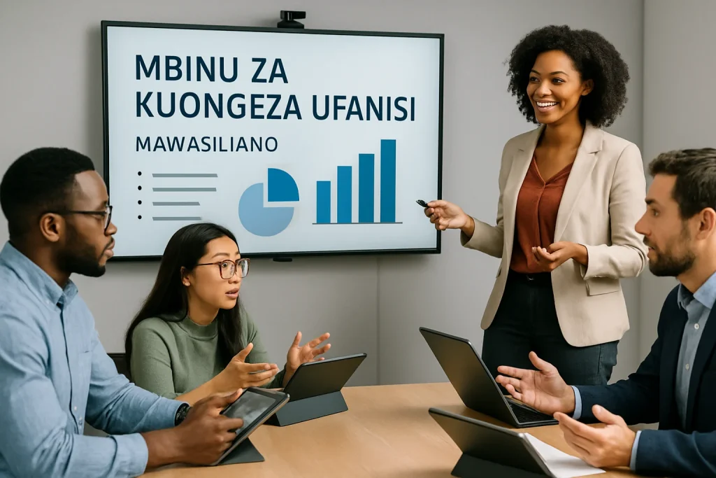 A vibrant scene showcasing a diverse group of professionals in a dynamic communication workshop. Participants are actively engaging with advanced digital tools like tablets and projectors, facilitating collaborative interactions. The atmosphere buzzes with innovation and learning, perfectly capturing the essence of "Mbinu za Kuongeza Ufanisi" (Methods to Enhance Efficiency) in communication.