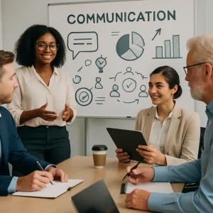 This vibrant image captures a diverse group of employees immersed in a dynamic communication workshop within a sleek, modern office environment. Participants are seen engaging in discussions, jotting down notes, and interacting with digital devices, showcasing the collaborative spirit of learning. A whiteboard filled with visual aids on communication strategies and goal setting serves as a backdrop, emphasizing the workshop's focus on enhancing professional effectiveness. The atmosphere radiates energy, professionalism, and the crucial role of communication in fostering workplace success.