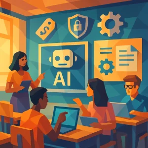 A vibrant low poly illustration showcasing a modern classroom filled with diverse students engaging with advanced AI tools. The image captures the essence of innovation in education, highlighting the dynamic interplay between technology and learning. Elements symbolizing challenges such as costs and privacy are cleverly integrated with opportunities for content customization and generation. The energetic atmosphere inspires a sense of forward-thinking and creativity in the educational landscape.
