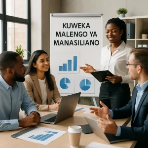 In a vibrant modern office, a diverse team collaborates energetically around a sleek conference table, surrounded by the latest technology. Laptops open, digital communication tools at hand, they engage in deep discussion, utilizing visual aids like charts and whiteboards to foster clarity. This image captures the essence of teamwork and productivity, emanating unity and focus, perfectly embodying the theme 'Kuweka Malengo ya Mawasiliano'.