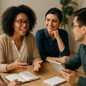 A vibrant scene capturing a diverse group of individuals in a dynamic discussion, surrounded by open notebooks and digital devices. Their engaged expressions and respectful interactions highlight the essence of trust, understanding, and shared goals, symbolizing the power of effective communication in both personal and professional domains.