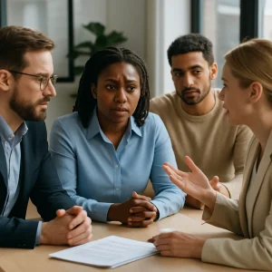 A powerful portrayal of a diverse team engaged in thoughtful discussion, this image captures the essence of conflict resolution through active listening and mutual respect. Set in a modern office with soft, natural light, the scene emphasizes empathy and collaboration, showcasing individuals from varied backgrounds sharing their perspectives with attentive body language and expressive faces.