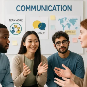 In a vibrant and welcoming environment, a diverse group of individuals participates in an interactive communication workshop. Their faces reflect engagement and understanding as they share, listen, and learn from each other. Surrounding them are visual aids, including colorful charts and notes, emphasizing the themes of teamwork and cultural exchange. This scene captures the essence of effective communication, where ideas flow freely and connections are forged.