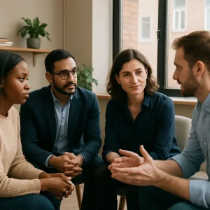 A dynamic scene capturing a diverse group of individuals deeply engaged in conversation. Their attentive body language—eye contact, nodding, and open postures—reflects the art of active listening. Set in a cozy, professional environment, the image radiates warmth and connection, illustrating how meaningful dialogue fosters collaboration and enhances relationships.