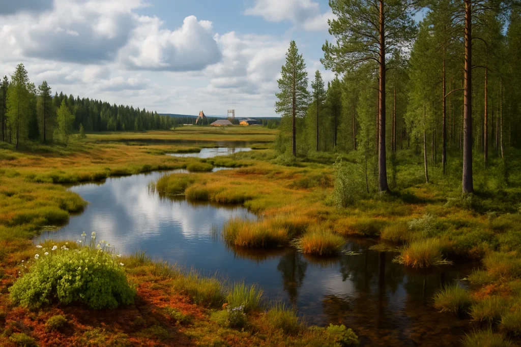 This photorealistic image captures the breathtaking Viiankiaava Natura 2000 area, a tapestry of lush forests, serene wetlands, and shimmering water bodies. It showcases the rich biodiversity, spotlighting endangered moss species among vibrant flora and fauna. In the background, the presence of construction equipment serves as a poignant reminder of impending challenges, contrasting with the area's natural beauty, and highlights the delicate balance between environmental preservation and the push for sustainable development.