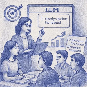 An intricate ballpoint pen illustration showcasing the seamless integration of large language models in e-learning. The scene features a compassionate teacher guiding students through digital tools, emphasizing clarity in structured notes and collaborative discussions. Elements of precision and continuous improvement are woven throughout, reflecting the empathetic assessment of learning journeys in this dynamic educational landscape.