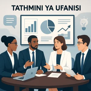 An engaging image showcasing a diverse group of professionals in a modern meeting room. They gather around digital screens filled with data charts and graphs, actively discussing strategies for enhancing communication efficiency. The visuals emphasize clarity and collaboration, incorporating symbols of understanding and improvement, all set against a sleek, professional backdrop that radiates innovation and teamwork.