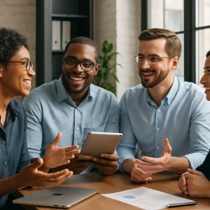 A vibrant modern office scene capturing a diverse group of professionals engaged in dynamic communication. Body language, attentive gestures, and the use of digital devices highlight the synergy of collaboration. This powerful visual emphasizes the significance of effective communication skills, fostering clarity and connection in both personal and professional arenas.