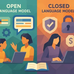 A striking low poly illustration that contrasts the realms of open and closed language models. The left side bursts with vibrant colors, showcasing customizable interfaces and diverse user interactions, symbolizing adaptability and flexibility in e-learning. Conversely, the right side employs a subdued palette, featuring locks and price tags that underscore the quality control, security concerns, and costs associated with closed models. This visual dichotomy highlights the benefits and challenges faced by educators and learners alike in the digital landscape.