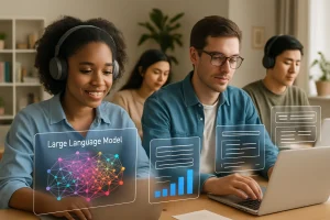 In this photorealistic portrayal, a diverse group of students is deeply engaged in a modern online learning environment, surrounded by vibrant digital interfaces and abstract data visualizations that symbolize the power of large language models. The cozy backdrop of a well-lit home setting enhances the warmth of learning, while sleek technological tools highlight the crucial role of innovation in education. This image beautifully encapsulates the blend of tradition and technology in the quest for knowledge.