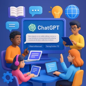 Step into a vibrant 3D classroom where technology meets education! This illustration showcases diverse learners engaging with ChatGPT on sleek digital devices, surrounded by dynamic visuals of text evaluation metrics like Flesch-Kincaid and Smog index. Colorful symbols of knowledge and innovation abound, emphasizing an enhanced e-learning experience that highlights the excellence of ChatGPT in transforming the educational landscape.