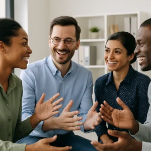 In a vibrant workspace buzzing with creativity, a diverse group of individuals engages in a lively conversation, perfectly illustrating the power of body language. Their expressive gestures, genuine smiles, and confident eye contact illuminate the importance of non-verbal communication in building warmth and trust. This moment captures the essence of effective interactions, where open body postures and animated hand movements foster understanding and connection in the professional realm.