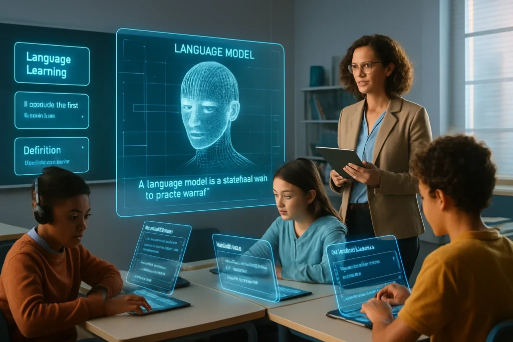 A vibrant, photorealistic classroom of the future, where advanced language models seamlessly engage with students through captivating holographic displays. Diverse learners enjoy personalized educational experiences, while a forward-thinking educator skillfully utilizes AI tools to foster innovation in language learning. This image captures the essence of a technologically enhanced educational environment, showcasing the transformative power of AI in shaping the future of communication and learning.