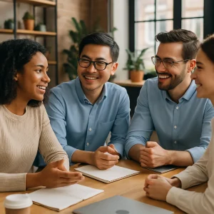 A vibrant workspace comes alive as a diverse team collaborates in meaningful dialogue, embodying the spirit of teamwork. With open laptops and notepads, the members share insights and actively listen, creating a trustful atmosphere filled with respect and encouragement. The warm colors of the background reflect the supportive environment that nurtures innovative thinking.