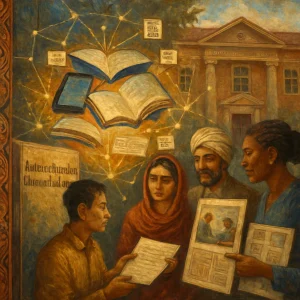A luminous oil painting of a symbolic global digital library: a central glowing globe woven from overlapping open books and tablet screens, pages flowing into search results and floating bibliographic cards with small CSV/Excel/Print icons. Diverse people from many cultures gather in respectful intercultural dialogue, exchanging documents and pointing to case‑study panels before a dignified university building bearing a discreet plaque reading "Deakin – UNESCO Chair"; subtle bilingual spine text "Interculturalism / L'interculturalisme", network lines and nodes evoking UNITWIN/IDIU collaboration, and an elegant Indigenous motif along the border acknowledge Traditional Custodianship. Rendered in rich impasto brushstrokes, warm natural light and textured realistic figures, the composition balances scholarly gravitas with inclusive, hopeful energy.