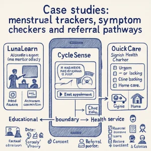 Monochrome blue ballpoint infographic of a large sketched smartphone showing three app screens: left 'LunaLearn' classroom educational tool (local-device icon, anonymous class analytics), center 'CycleSense' with cycle chart, AI bubble reading "may be consistent with PCOS", risk score dial and a 'Book appointment' arrow to a clinic icon, right 'QuickCare Sexual Health Checker' with symptom checklist and triage arrows to ambulance (urgent), clinic booking and home-care. A handwritten dividing line reads "Educational ← boundary → Health service" with notes on data flows (local vs cloud), padlock/privacy icon, consent checkbox, referral packet, audit timestamps and flowchart arrows; inclusive youth, teacher and clinician silhouettes, neat crosshatch shading and crisp pen strokes make it a high-resolution article header about menstrual trackers, symptom checkers and referral pathways.