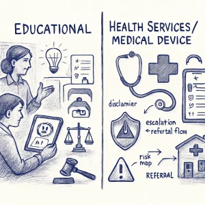 Editorial ballpoint-pen header sketch in blue and black ink depicting a clear central boundary line labeled "Educational" (left) and "Health Services / Medical Device" (right). Left: classroom scene with a teacher and student using a tablet and icons for a book, lightbulb, curriculum checklist and a simplified AI chatbot avatar on the tablet. Right: clinical symbols—stethoscope, medical cross, symptom-checker phone, menstrual tracker icon and a referral arrow toward a clinic. Across the boundary sit legal/regulatory symbols: scales of justice, gavel, privacy shield labeled COPPA/GDPR?, and a warning triangle, plus arrows and small hand-lettered annotations for disclaimer, escalation / referral flow and a tiny risk-map checklist/flowchart. Wide, editorial-friendly composition with ample white space, legible hand-lettered labels, balanced icons, thoughtful serious tone and high-quality ballpoint texture with clean linework and cross-hatching.