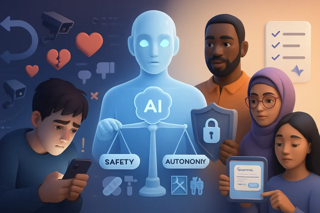 Wide 3D editorial header showing a diverse group of teens centered in a split-scene composition: left depicts stylized harms — an anxious teen staring at a glowing smartphone with looping recommendation arrows, floating hearts and negative comments, small surveillance cameras and streaming data lines; right depicts supports — a teacher and counselor offering a protective shield with a lock, a consent dialog on a tablet, a calming app interface, a checklist and de-escalation icon; between them a translucent AI agent gently holds balanced scales labeled "safety" and "autonomy" with mitigation symbols (bandage, toolkit, blueprint). Soft realistic 3D, warm-cool contrast lighting, high detail, inclusive ethnicities and genders, wide horizontal layout with subtle empty space for a headline.