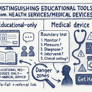 Ballpoint-pen infographic header split down the middle: left side labeled "Educational-only" shows a friendly UI mockup, open book, chat bubble, teacher and student icons, a visible disclaimer tag reading "Educational resource only — not medical advice," wording bubbles like "information" and "skills-building," and a safe-fail note with a referral link. Right side labeled "Medical device" displays a stethoscope, medical monitor, pill bottle, alert icons, red flags and clinical thresholds. A narrow central strip contains a compact 5-question boundary checklist, a magnifying glass highlighting danger zones, and an escalation arrow leading to a human clinician silhouette and a prominent "Get Help" button. Hand-drawn arrows, short handwritten labels, cross-hatched shading and stippling in loose blue/black ballpoint strokes, legible handwritten typography on a clean white background; high-contrast editorial illustration that clarifies when a tool is educational versus clinical.
