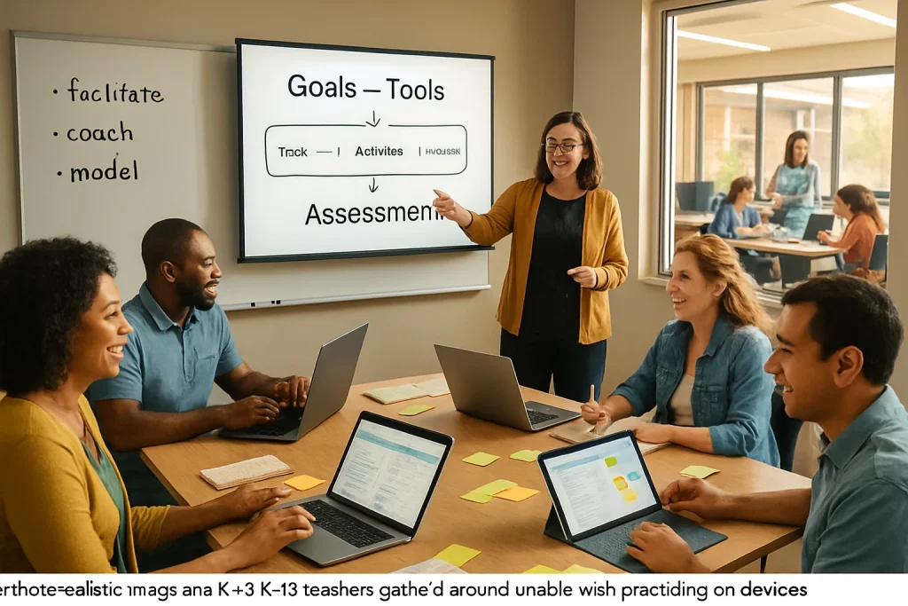 A photorealistic editorial shot of a diverse group of K–12 teachers clustered around a table with laptops, tablets, printed lesson‑integration templates and sticky notes while a confident facilitator points to a large projected slide titled "Goals — Tools — Activities — Assessment." Warm natural light fills a modern PD room; a whiteboard reads "facilitate, coach, model" as teachers smile, take notes and practice on devices, and through a window a teacher in a classroom uses the same digital tools with engaged students — high detail, crisp focus.