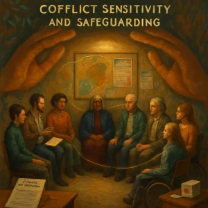 Editorial‑style oil painting of an inclusive intercultural dialogue in a neutral community room — a diverse circle of youth, elders, women, a person using a wheelchair, and a First Nations elder seated with quiet dignity. A trained facilitator holds a notebook beside a visible Code of Conduct document on the table; a discreet complaints box and a small first‑aid kit sit to the side. Warm overhead chiaroscuro light and impasto brushwork create a calm, dignified mood. Protective motifs — two large hands arching softly over the circle, a faint map with a heat‑map overlay, a checklist and referral pathway, and a glowing thread of light linking participants — symbolize trust, accountability and a commitment to do no harm. Background hints of eucalyptus silhouettes, ochre earth tones and respectfully rendered non‑specific First Nations patterning acknowledge Traditional Custodians.