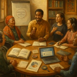 Oil-painting illustration of a diverse, intergenerational group gathered around a round wooden table in a warm, sunlit community room—facilitator holding a talking piece, an elder in traditional dress, a sign-language interpreter, participants using translation headsets and a wheelchair user—listening and speaking with mutual respect. The table balances theory and practice: an open bilingual book titled "Interculturalism at the Crossroads (EN/FR)", printed case-study packets, notebooks of qualitative field notes, a tablet showing a stylized "UNESCO e-Platform", charts and a mixed-methods Venn diagram, a magnifying glass and a small lifebuoy icon suggesting safeguarding and research care. A flipchart behind them outlines participatory action research and M&E, a shelf of scholarly volumes and a respectful plaque acknowledging Traditional Custodians with Indigenous artwork anchor the background; warm earthy tones, vibrant cultural textiles and richly textured painterly brushstrokes create a reverent yet practical mood suited to an academic article illustration.