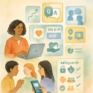 A warm, inclusive watercolor editorial collage of a teacher projecting floating panels that map an adaptive learning path — an anonymous question box with a shielded chat bubble, role‑play dialogue bubbles, emotion/heart and calming‑breath icons, multilingual text banners and simple health symbols. Gentle vignettes show diverse students practicing communication and using a discreet mobile chat; ethics and human oversight are signaled by a lock, shield, helping hand, community icon and a visible checklist labeled 'safeguards.' Soft pastel washes, loose linework and gentle negative space leave room for a headline.