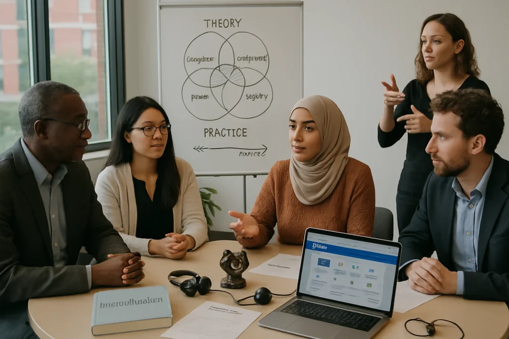 A bright, editorial photograph of a diverse group of scholars and community facilitators seated equally around a round table, caught mid-conversation in a candid, documentary moment. Open academic books (one titled Interculturalism), a laptop displaying an academic learning platform reminiscent of international e-platforms, printed case studies, evaluation checklists, headphones and interpretation devices, and a visible sign-language interpreter sit within reach. Behind them a transparent whiteboard shows a clean diagram of overlapping circles labeled recognition, reciprocity, power and dignity, with arrows linking theory to practice. A small intertwined-hands sculpture and warm natural window light lend subtle symbols of justice and mutuality; shallow depth of field and muted professional color grading give the scene a magazine-ready, collaborative energy.