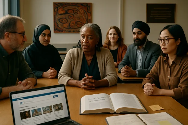 A photo‑realistic editorial scene of a diverse group of graduate students and practitioners seated in a respectful circle around a wooden seminar table in a bright university classroom, engaged in thoughtful dialogue. Laptops and printed materials are visible—one laptop shows a scholarly e‑platform interface with a search bar and case‑study thumbnails; an open bilingual book titled "Interculturalism at the Crossroads" lies amid handwritten facilitation notes and sticky notes. Indigenous artwork and a formal acknowledgement plaque sit subtly in the background; warm natural light and shallow depth of field create a cinematic, collaborative, inclusive mood with negative space for a headline.