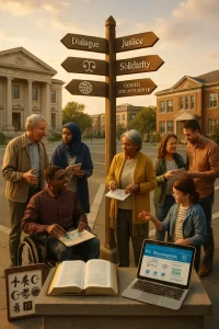 Photorealistic editorial scene at golden hour showing a symbolic urban crossroads where four paths meet and a diverse, inclusive group—different ages, ethnicities, visible religious dress, a person in a wheelchair, parents with a child—engage in animated, respectful conversation. Foreground features an open bilingual English/French book on a low plinth and a tablet displaying a civic digital platform; a wooden signpost bears icons for dialogue, justice, solidarity and global networks while people exchange documents, point to a shared map and notebook; a municipal/UNESCO‑style building and a school sit in the midground and a noticeboard with multi‑faith symbols and migration cues anchors the theme. Warm natural lighting, shallow depth of field and crisp realistic textures create a thoughtful, hopeful mood suited for an article on interculturalism, civic dialogue and policy.