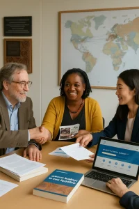 Photorealistic editorial image of a warm, sunlit university conference room where a diverse multi-stakeholder group convenes: a university professor surrounded by research papers and books, a civil-society facilitator with community materials, and an international-organisation staffer showing an e-platform mockup on a laptop. A bilingual volume titled "Interculturalism at the Crossroads" rests on the table as participants of varied ages, genders and ethnicities exchange documents and handshakes while engaged in animated dialogue. A wall map dotted with pins traces global connections; a plaque acknowledging Traditional Custodians and visible Indigenous artwork honor local heritage. Shallow depth of field and balanced composition make this image ideal for an article about collaborative intercultural research and digital knowledge networks.