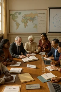 Sunlit photorealistic scene of a diverse, multi‑generational group in traditional and contemporary dress gathered around a large oak conference table, actively exchanging ideas—pointing to documents, taking notes, and consulting laptops and an open bilingual book titled Interculturalism at the Crossroads. Nameplates bear subtle UNESCO and UNITWIN/IDIU emblems amid archival folders and policy briefs; a large world map with colored threads links universities and civil society nodes, a wall timeline marks decolonization, human rights, migration and the digital era, and a projection shows a schematic of institutional networks—warm natural light and high-detail skin tones and fabrics convey historical depth, equity, inclusion and mutual respect.