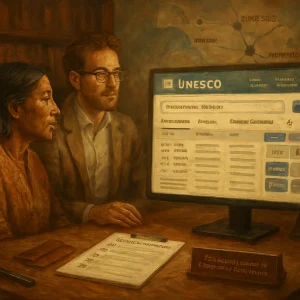 Oil‑painted editorial scene in a warm library study: an Indigenous woman, a researcher and a policy practitioner gather around a wooden desk lit by a glowing monitor displaying a stylized UNESCO e‑Platform — the search box reads "intercultural dialogue", with bilingual menu labels (About / À propos, Resources / Ressources, UNITWIN/IDIU Network), columns of bibliographic results (Year / Authors / Title), pagination, filter tags, curated collection tiles and export icons (PDF, CSV, Print); highlighted records are labeled "UNESCO" and "Peer‑review". Foreground details — magnifying glass, checklist of evaluation criteria, bookmarks and a small plaque reading "Acknowledgement of Traditional Custodians" — ground the calm, authoritative composition. Soft chiaroscuro, textured oil brushstrokes, a subtle globe and network nodes linking Deakin / UNESCO Chair and UNITWIN/IDIU complete a high‑detail, horizontal image designed for an article header.