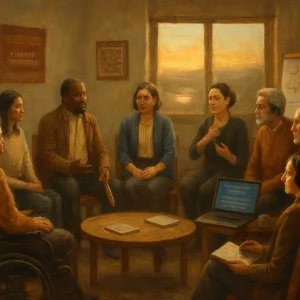 An oil painting in warm earth tones portraying a dignified intercultural dialogue: a diverse group — different ages, genders, ethnicities and abilities (including a person in a wheelchair) — seated in equal chairs around a low table. A facilitator gently holds a talking piece while a storyteller speaks and others listen with attentive, reflective expressions. An interpreter wearing a headset and a sign-language interpreter provide access; notebooks, a flipchart and a laptop showing captioned text sit ready. A woven plaque acknowledging Traditional Custodians hangs on the wall and a window reveals land and water at sunrise, suggesting ongoing connection to Country. A co‑designed ground‑rules poster with simple icons subtly signals consent and shared authorship. Textured brushstrokes, soft-focus background and cinematic framing evoke calm, safety, humility and equal dignity in inclusive facilitation.