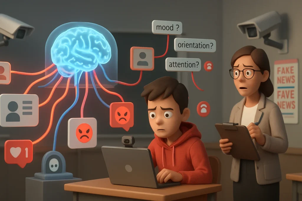A glowing translucent AI “brain” server on a pedestal emits neon data streams that morph into social‑media cards, angry emojis and duplicate bot avatars swarming a worried teenage student at a classroom desk with a laptop and webcam. A distorted deepfake portrait and scrolling fake headlines signal misinformation while surveillance cameras and floating metadata tags with inferred labels like "mood?", "orientation?", "attention?" link to third‑party icons; a human teacher/moderator with a clipboard looks on, overwhelmed but trying to intervene. Clean modern 3D style, shallow depth of field, muted classroom palette with red warning highlights and cinematic lighting, wide horizontal composition suitable for an article header.
