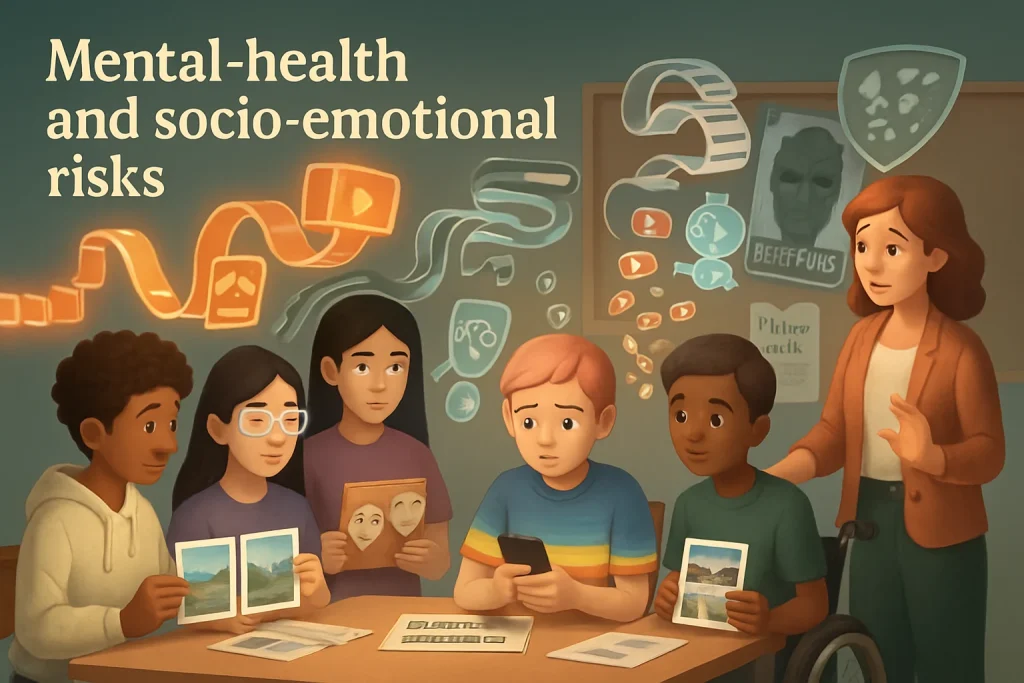 A 3D semi‑realistic editorial scene of a modern classroom where a diverse group of adolescents (different races, genders, LGBTQ+ representation, and a student in a wheelchair) sit around a table doing a "Filter Detective" activity. Some compare printed filtered vs. unfiltered images while one student looks anxious holding a smartphone; floating visual metaphors of AI harms orbit the group — a glowing algorithmic pipeline pushing sensational image cards, ribbon‑like social feeds curling into a phone, AR beautification masks hovering above faces, a cracked deepfake poster pinned to a bulletin board, a small chatbot hologram whispering ambiguous reassurances, a fractured moderation shield leaking harassment icons, and spiraling "likes" and notification bubbles suggesting viral loops. A calm teacher gently guides the students with a visible "Pause & Ask" poster and a clipboard of classroom strategies; warm muted colors, soft studio lighting, clean 3D modeling, and a clear focal point on students' emotions with negative space at the top left for a headline.