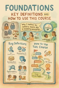 A warm, storybook‑style watercolor of an open picture book on textured paper: the left page is a compact glossary with friendly hand‑drawn icons and labels (AI robot with lightbulb, machine learning gears, generative AI paintbrush+code, training data cards, bias uneven scale, fairness balanced scale, explainability magnifying glass, privacy shield+padlock, human‑in‑the‑loop teacher with puzzle piece) each paired with tiny classroom example sketches; the right page is a winding course map with milestone flags (Lessons, Topics, Activities, Quizzes, Reflections, Final Micro‑Project), a clock reading "30–45 min" and a participation ribbon; above the book floats a compass labeled "Responsible AI" and a banner reading "Why it matters for learners' health, SEL & sexuality education," flanked by three gentle vignettes (a privacy breach with cracked padlock and worried student silhouette, a tipped scale for bias risks, and a bright benefit scene with teacher and student scaffolded support, chat bubbles and hearts); diverse, age‑appropriate characters, hand‑lettered captions and soft arrows complete a balanced, whimsical, informative header in warm pastels, soft blues, greens and peach.