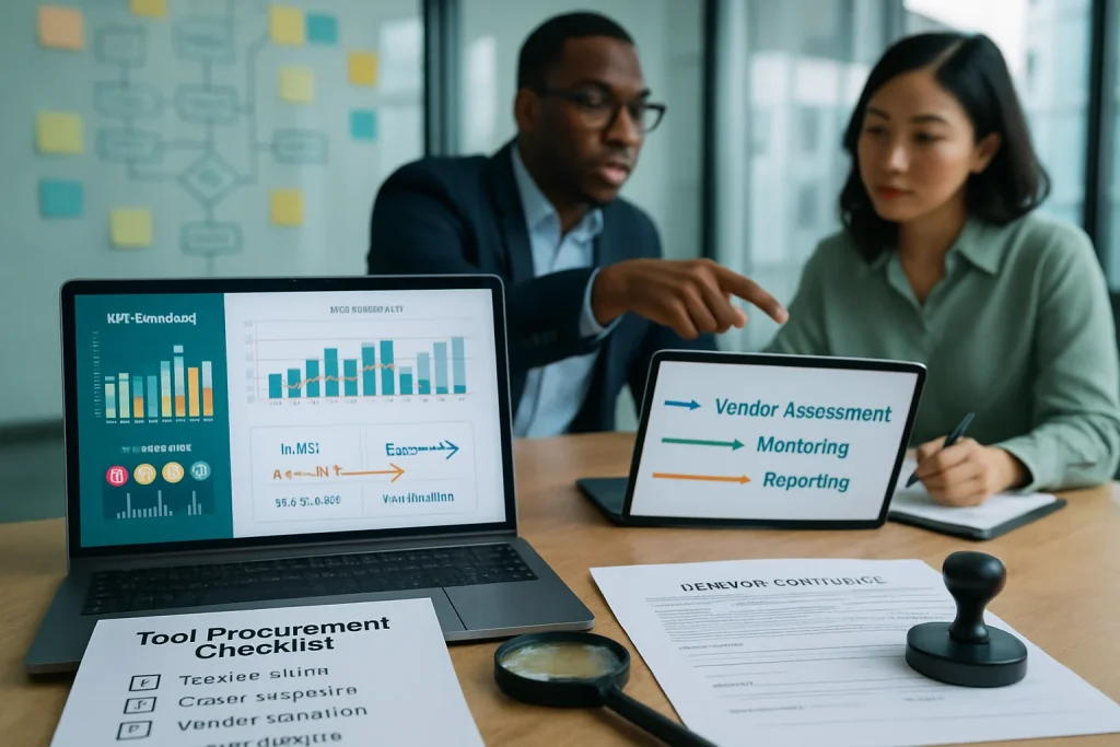 Photorealistic editorial view of a modern corporate workspace focused on procurement, vendor assessment, monitoring and evaluation. A close-up wooden desk shows a clearly legible "Tool Procurement Checklist" with tick boxes, vendor contracts, magnifying glass and contract stamp; an open laptop displays a colorful KPI dashboard with bar and line charts, outcome metrics and learner well‑being indicators (heart icon, smiley face, alert flags) alongside a visual flow diagram reading "Vendor Assessment → Monitoring → Reporting → Evaluation." In the background a glass wall is covered with sticky notes and a large flowchart while two diverse professionals collaborate—one pointing at the laptop, the other taking notes on a tablet—bathed in soft daylight, shallow depth of field, crisp detail and muted corporate blues and greens for a clean, editorial look.
