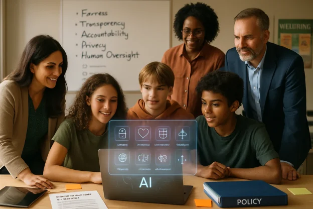 A warm, photorealistic classroom where a diverse group of educators, an instructional designer and a school leader gather around a table with three attentive adolescents. Sunlit and inviting, the scene centers on a laptop projecting a semi-transparent holographic AI interface with icons for privacy, fairness, transparency, human oversight, consent and a heart emotion symbol, plus a simple decision tree; a printed checklist titled "Responsible AI — Guidelines", a policy binder, tablets, sticky notes and pens emphasize hands-on, practical learning. A whiteboard lists core principles (Fairness • Transparency • Accountability • Privacy • Human Oversight) and classroom well-being posters frame a composition that celebrates collaboration, care and human-centered oversight for healthy, thriving learners.